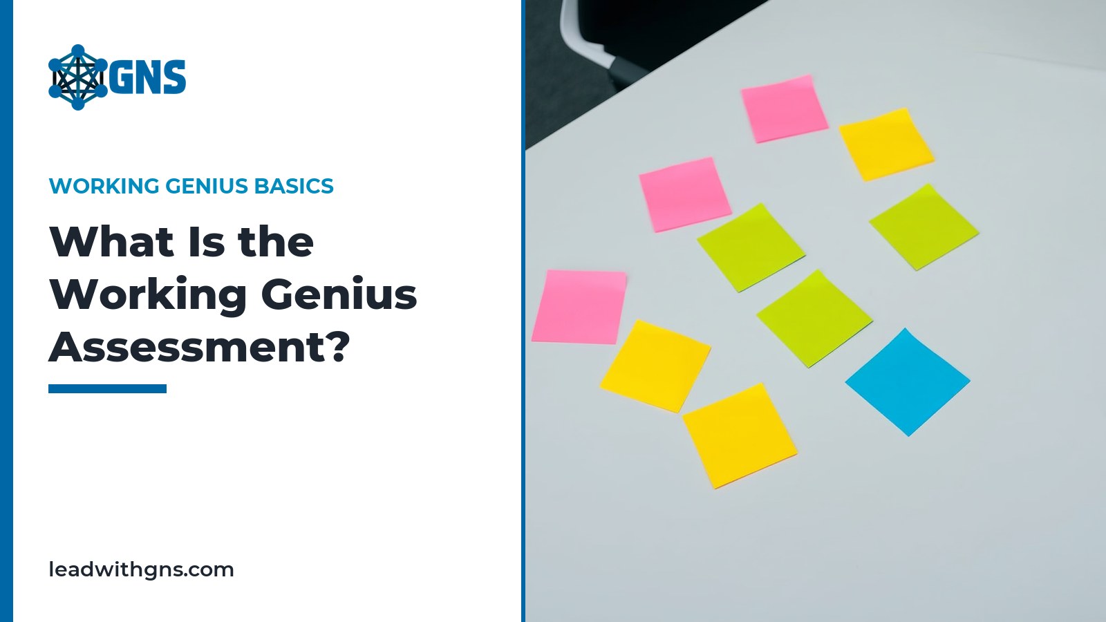 GNS featured card: What Is the Working Genius Assessment?, with sticky notes arranged in six columns