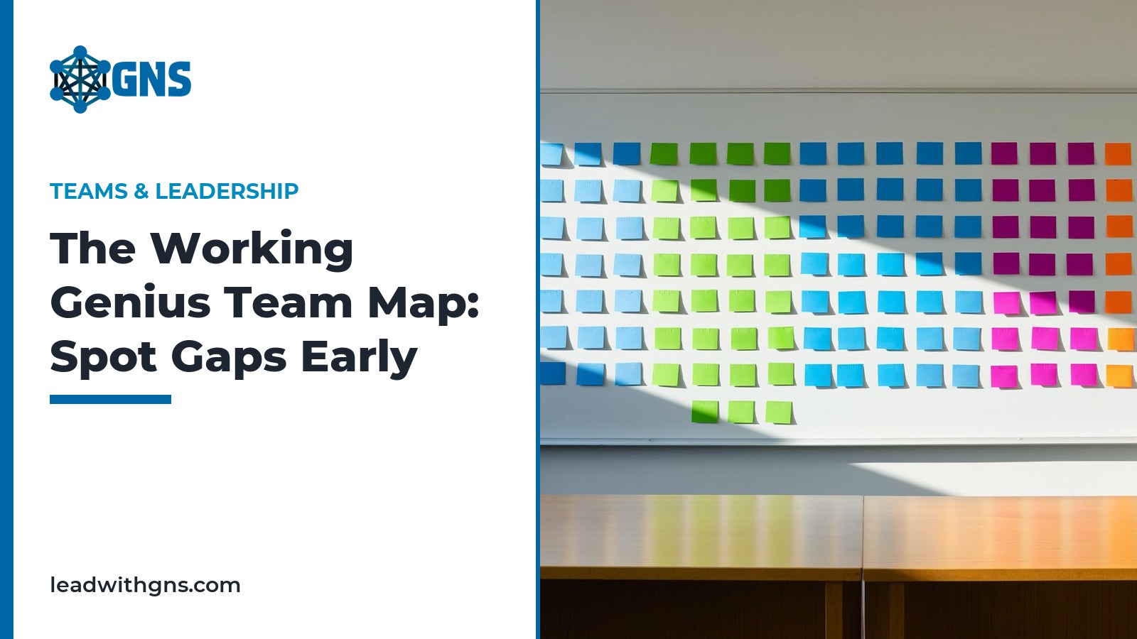 GNS featured card: The Working Genius Team Map, with a whiteboard grid of colorful cards